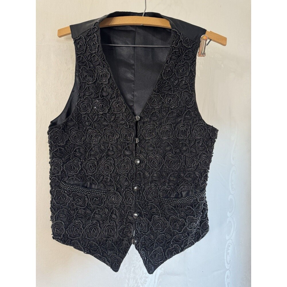 Floral Black Beaded Vest Formal Button Down Fancy Small